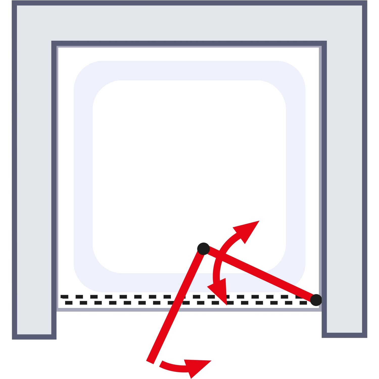 Illustration einer Schulte ExpressPlus Drehfalttür in Nische, die das Öffnen und Schließen der Duschtür zeigt.