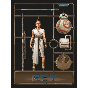 Komar Wandbild Star Wars Toy Rey, 30x40 cm, mit Rey, BB-8 und Zubehör im Modellbausatz-Stil.