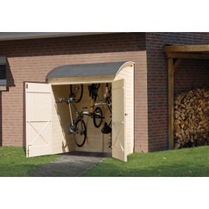 Offene Weka Fahrradgarage/Mehrzweckbox aus Holz mit Fahrrädern. Universalbox für Gartengeräte und Fahrräder.