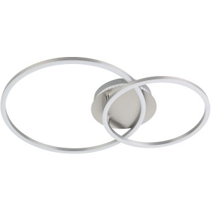 Moderne LED-Deckenleuchte Palmaves 3 von Eglo, Nickel-Matt/Silber, mit zwei runden Leuchtelementen.