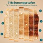 Sieben Toastscheiben zeigen die 7 Bräunungsstufen des Toasters, von hell bis dunkel goldbraun.