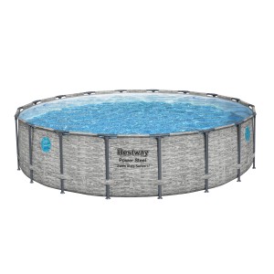 Bestway Stahlrahmenpool Set Power Steel Swim Vista, Ø 549 cm, grau, mit Poolleiter und Sandfilterpumpe.