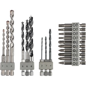 Bosch Bohrer-Set Uneo, 19-teilig: Stein-, Holz-, Metallbohrer und Schrauberbits.