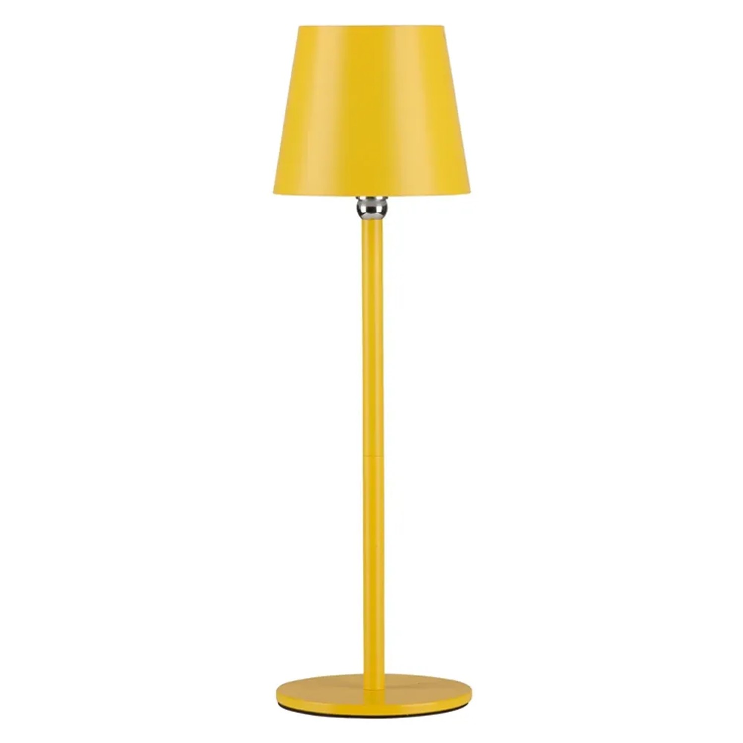 Gelbe Akku-LED-Tischleuchte Boteria, Ø 11 cm, 37 cm hoch. Dekorative Außenleuchte mit Touchdimmer.