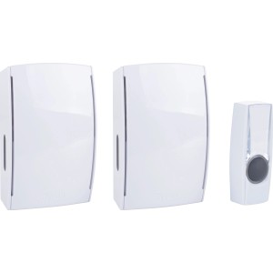 Smartwares Funktürklingel-Set für Steckdose, bestehend aus zwei Gong-Einheiten und einem Klingeltaster.