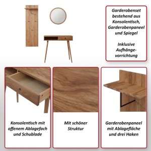 MCA Garderobenset P55 aus Eiche: Konsolentisch, Spiegel und Paneel mit Haken.