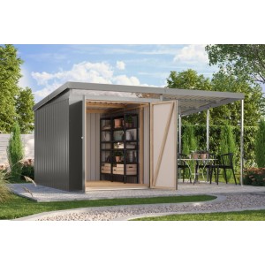 Karibu Metallgerätehaus Neos 2,5 mit Anbaudach 2 m Graualuminium