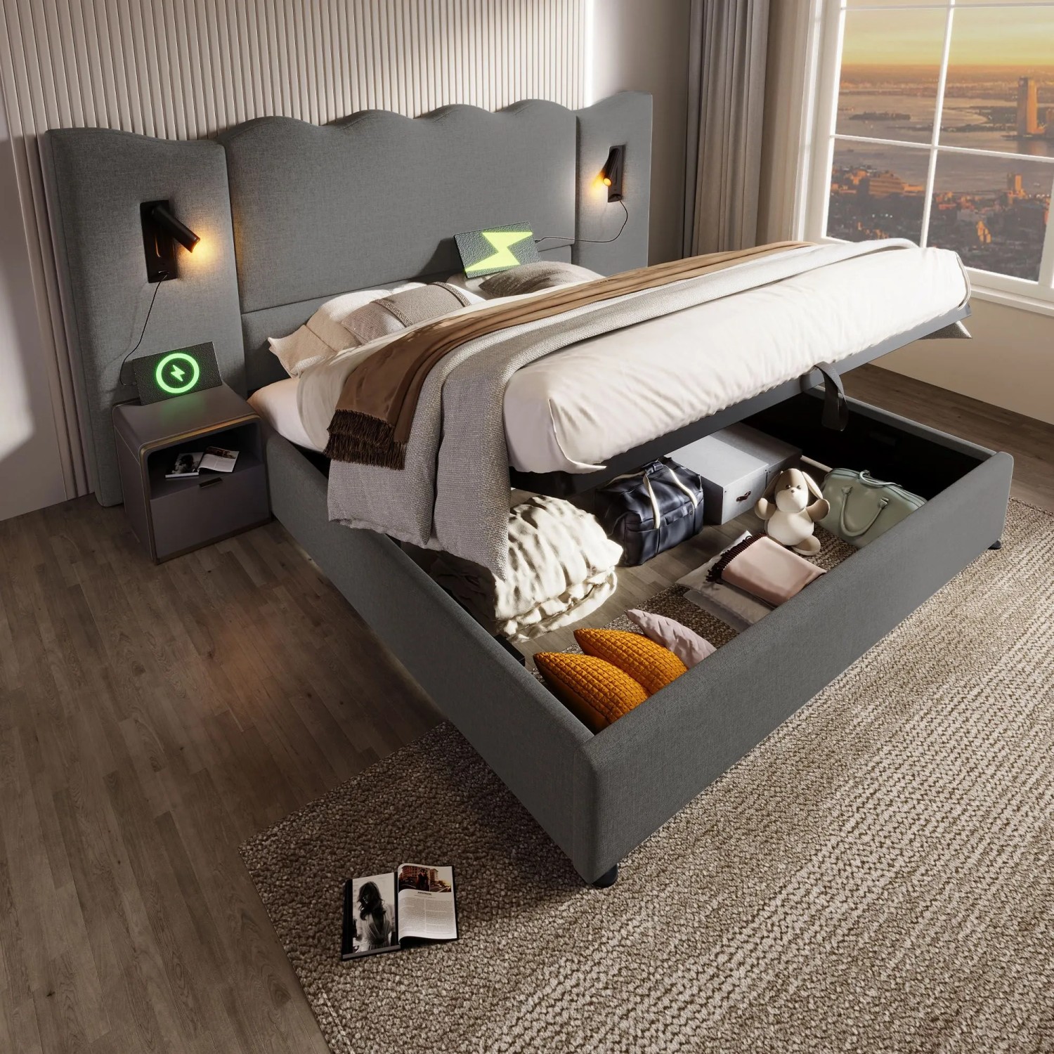 okwish Polsterbett 180x200cm mit Stauraum Doppelbett Grau ohne Matratze_3