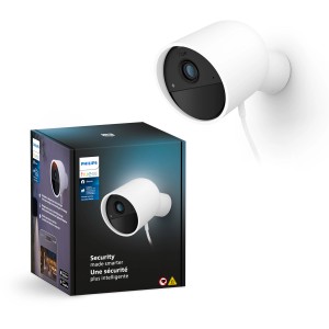 Weiße, kabelgebundene Philips Hue Secure Kamera zur Videoüberwachung, mit Produktverpackung.