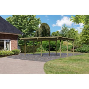 Karibu Doppelcarport Eco aus Holz mit PVC Dachplatten im Garten.
