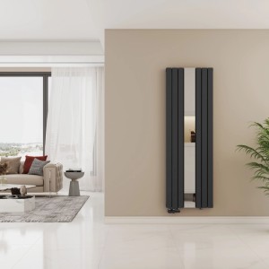 Vertikaler Emke Anthrazit-Design-Paneelheizkörper mit integriertem Spiegel, 180x60 cm, doppellagig, 1788 W.