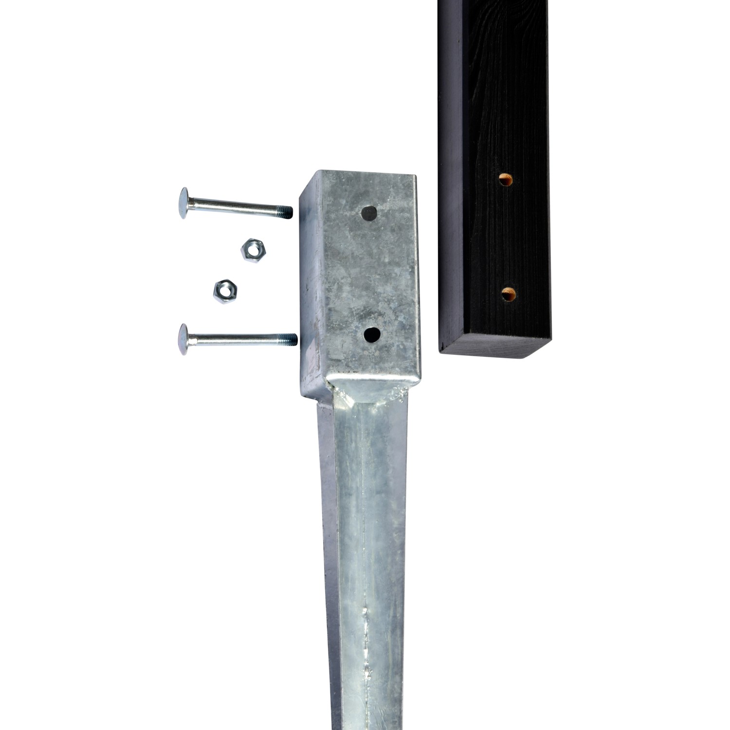 Detailaufnahme Pfahlständer für Dobar Insektenhotel XL mit Schrauben und Muttern.