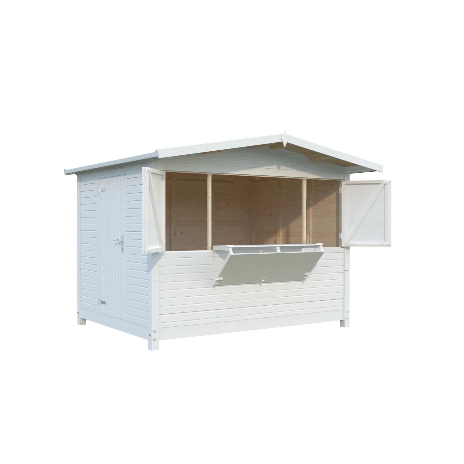 Weißer, klappbarer Palmako Marktstand Marian aus Holz, 298x228 cm, mit geöffneten Fensterläden.