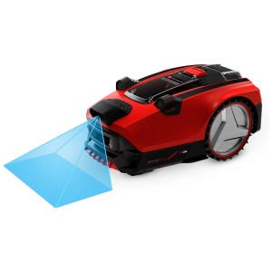 Einhell Freelexo Cam 500 Mähroboter in Rot/Schwarz mit blauer Bereichserkennung.