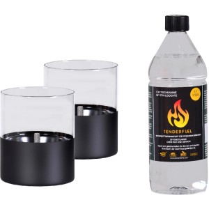 Tenderflame Tischfeuerset Lilly Schwarz mit 2 Tischfeuern und 0,7l Tenderfuel für Deko-Kamine.