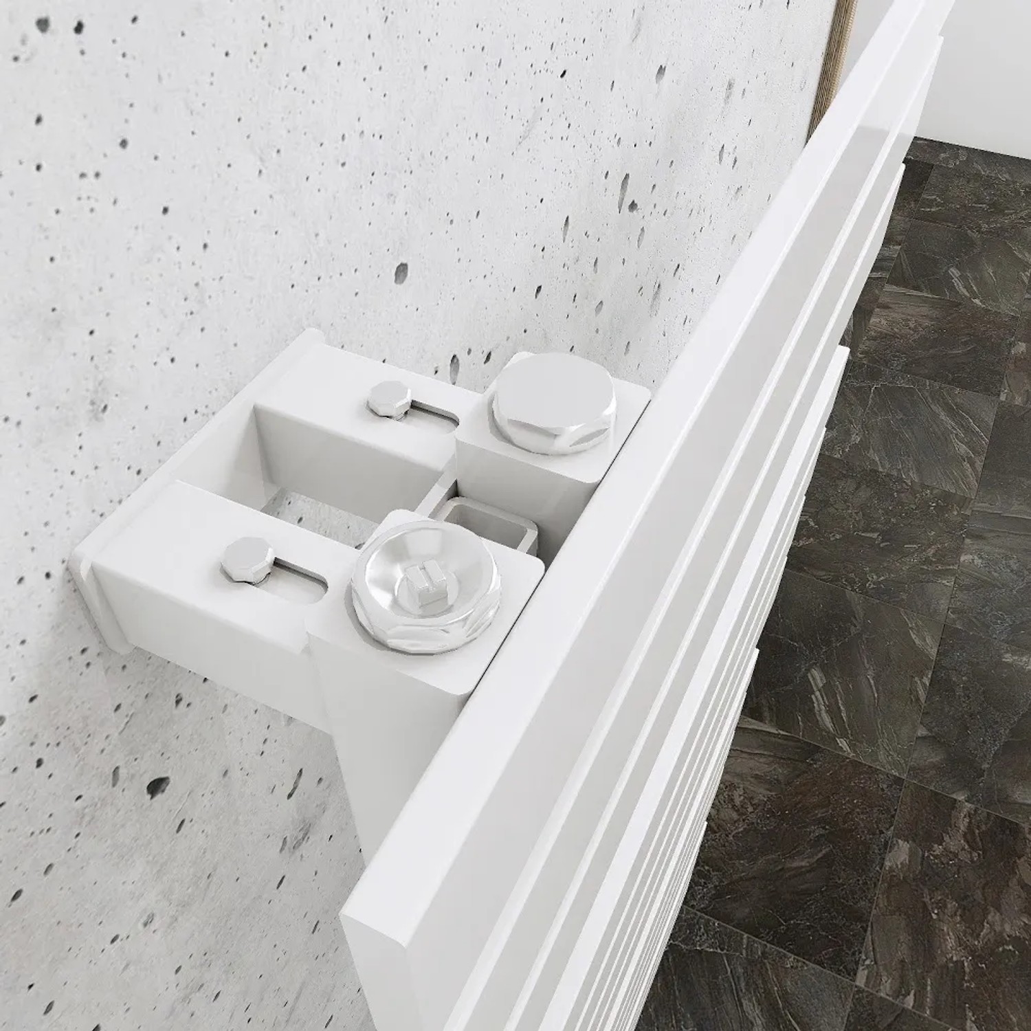 Detailaufnahme: Weißer Schulte Design-Heizkörper Breda mit Wandbefestigung.