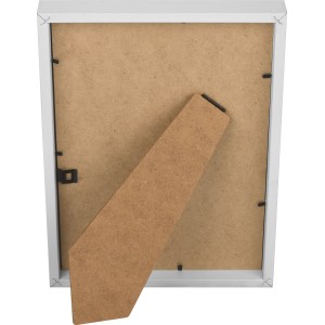 Rückansicht: Weißer MDF-Bilderrahmen (21x29,7 cm) mit Aufsteller für Tisch oder Regal.