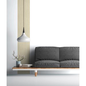 AS-Creation 3D-Panel Pop up Tapete Beige-Weiß im Wohnraum mit Sofa und Lampe.