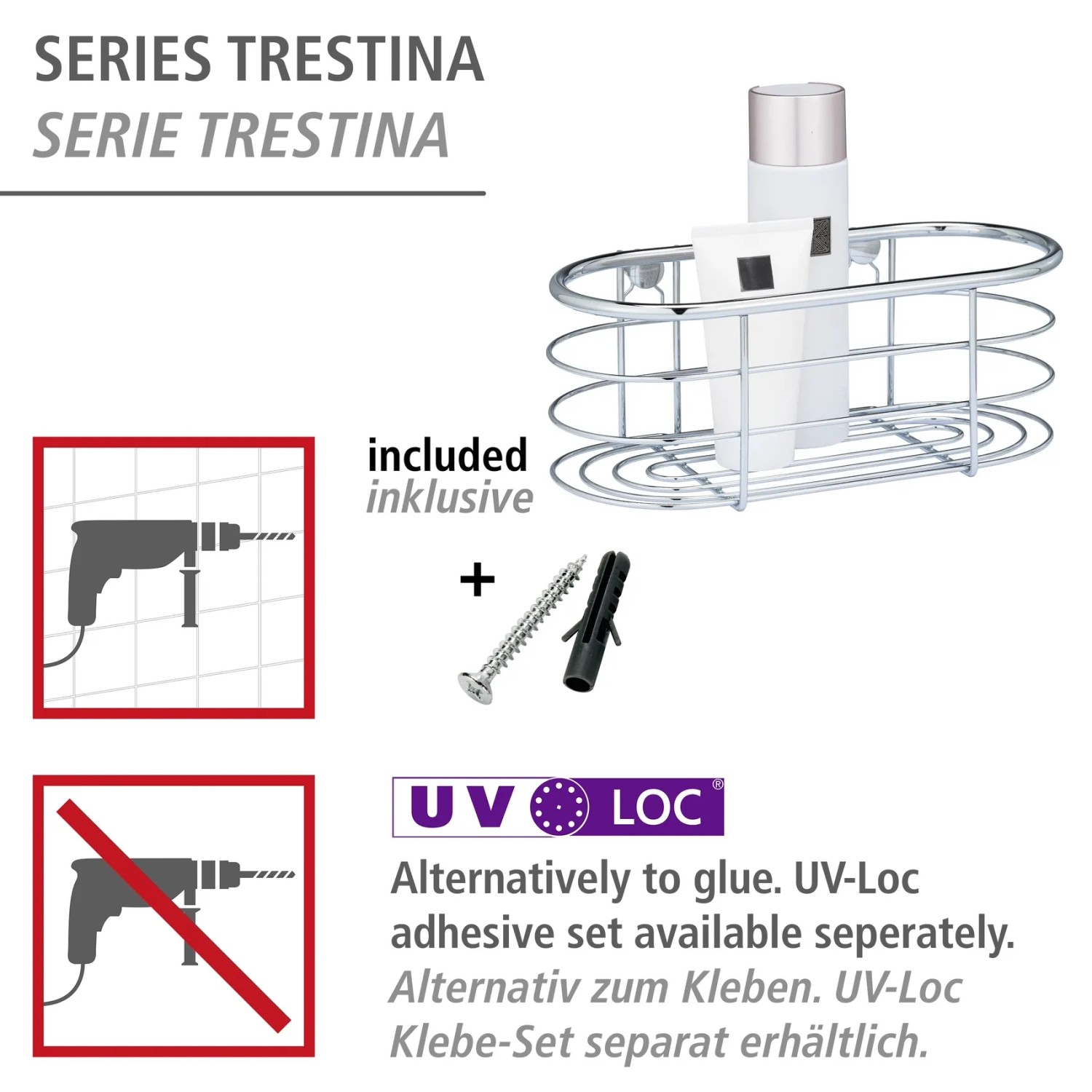 WENKO Wandablage Trestina aus Edelstahl mit Montagezubehör und Pflegeprodukten.