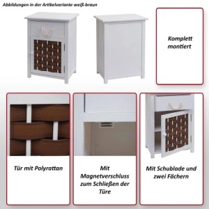 MCW Kommode K83, dunkelbraun/weiß, mit Schublade und Tür mit Rattanmuster.