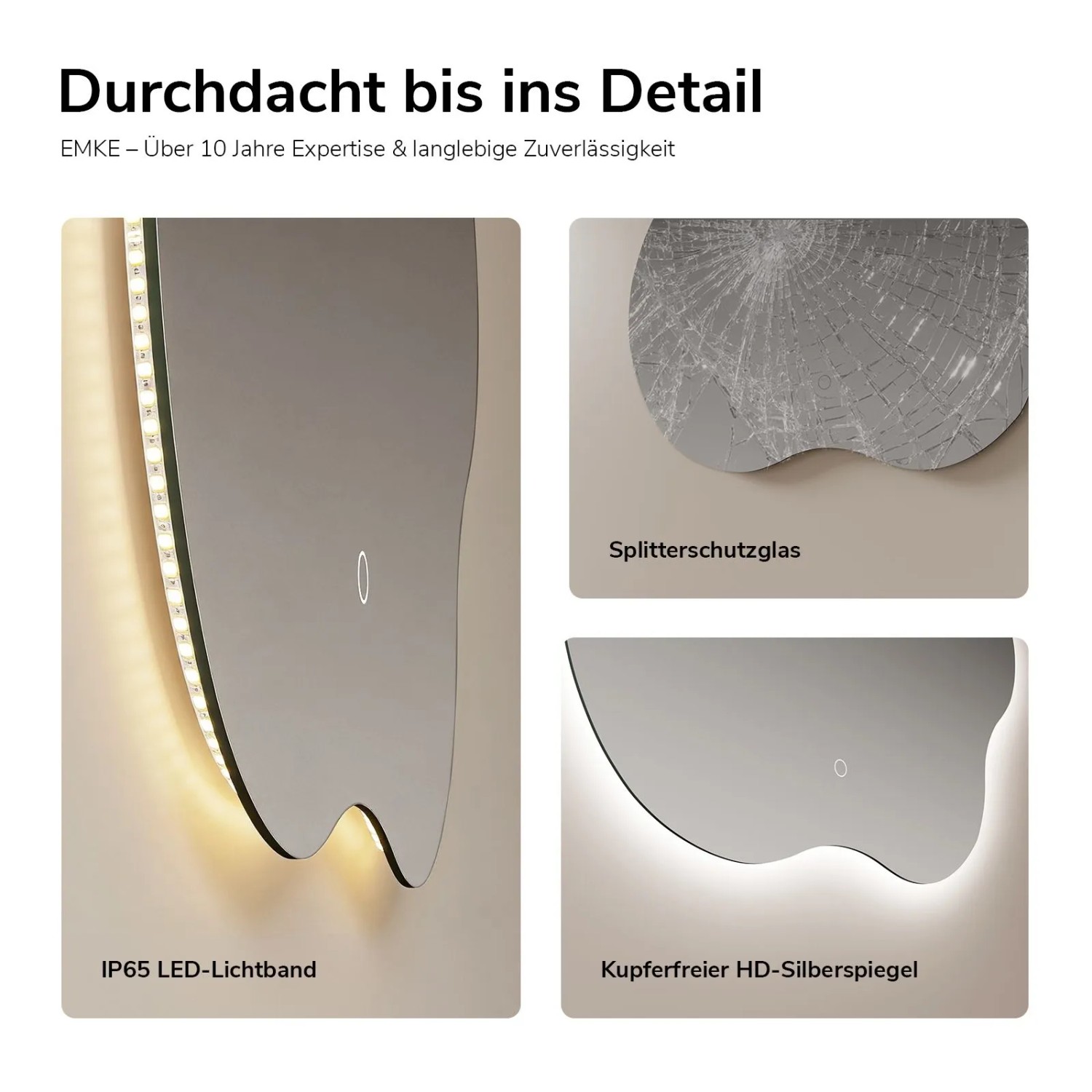 Emke LED-Badspiegel organisch 60x50 cm: Details zu LED-Lichtband, Splitterschutzglas und kupferfreiem HD-Silberspiegel.