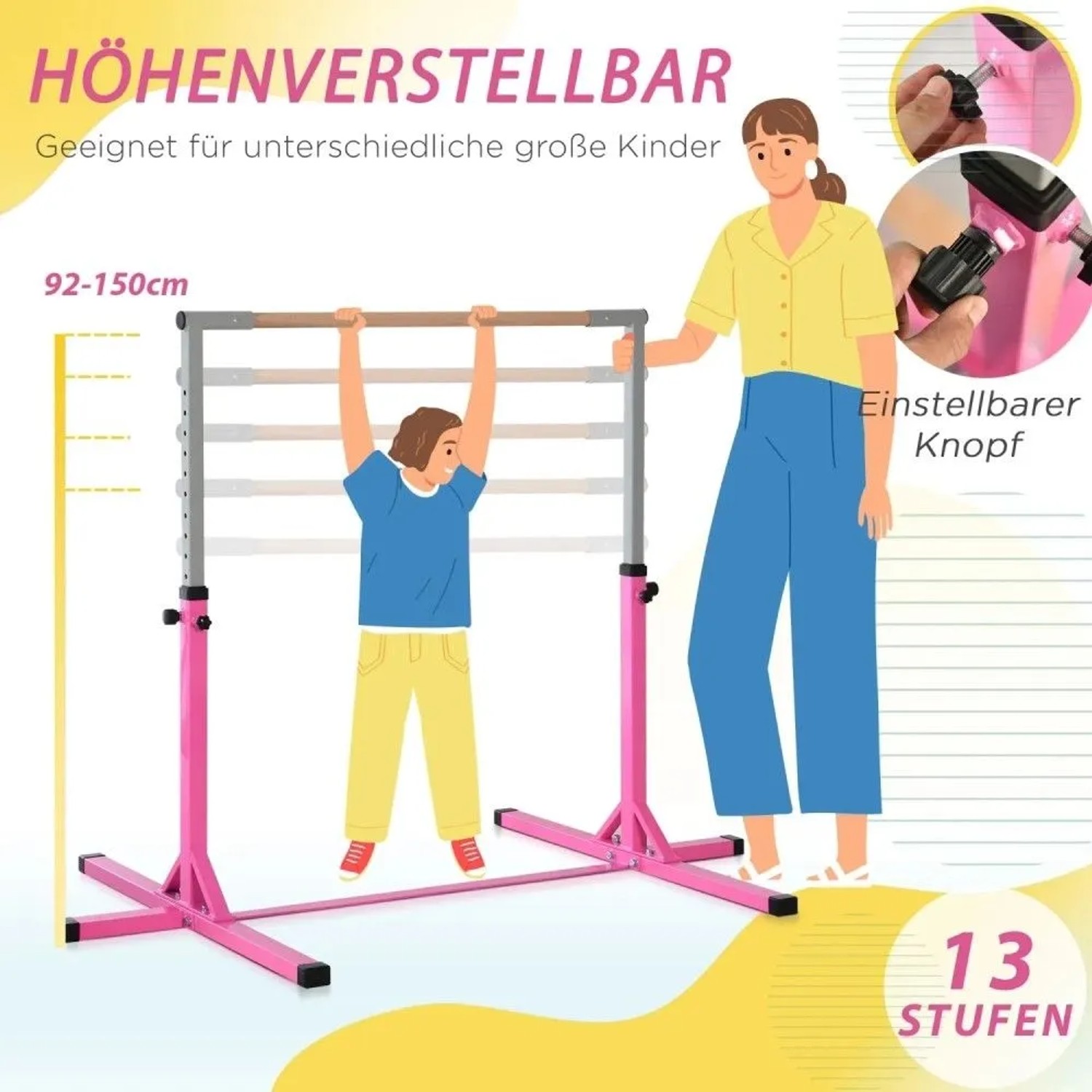 Rosa HOMCOM Gymnastik-Turnreck aus Stahl mit Buchenholzstange, höhenverstellbar (92-150cm) für Kinder.