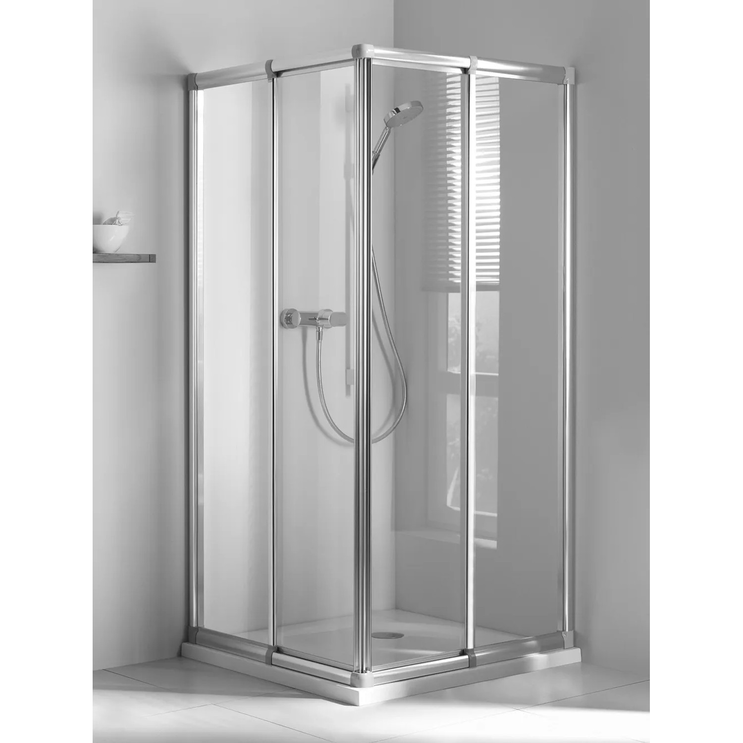 Breuer Eckeinstieg Fara 4 mit Schiebetür, Silber matt, Klarglas, 90x80 cm. Eckdusche mit Armatur.