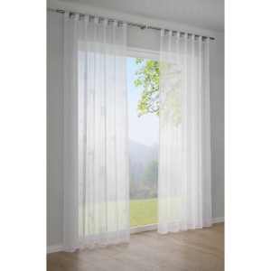 Weißer, transparenter Schlaufenschal mit Pusteblumen-Flock für Gardinenstange, 140x245 cm.