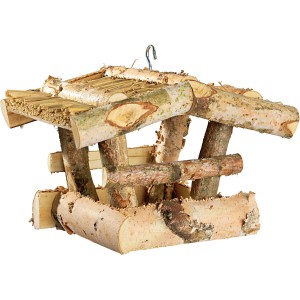 Vogelfutterstation aus Birkenholz mit Strohdach zum Aufhängen.