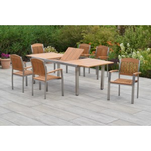 Merxx Keros Gartenset, 7-teilig: Ausziehbarer Tisch und 6 Stapelsessel aus Akazie und Edelstahl.