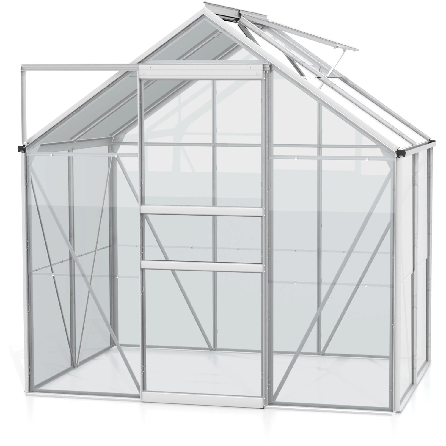 Vitavia Gewächshaus Venus 2500 aus Alu blank mit geöffneter Tür und Dachfenster.