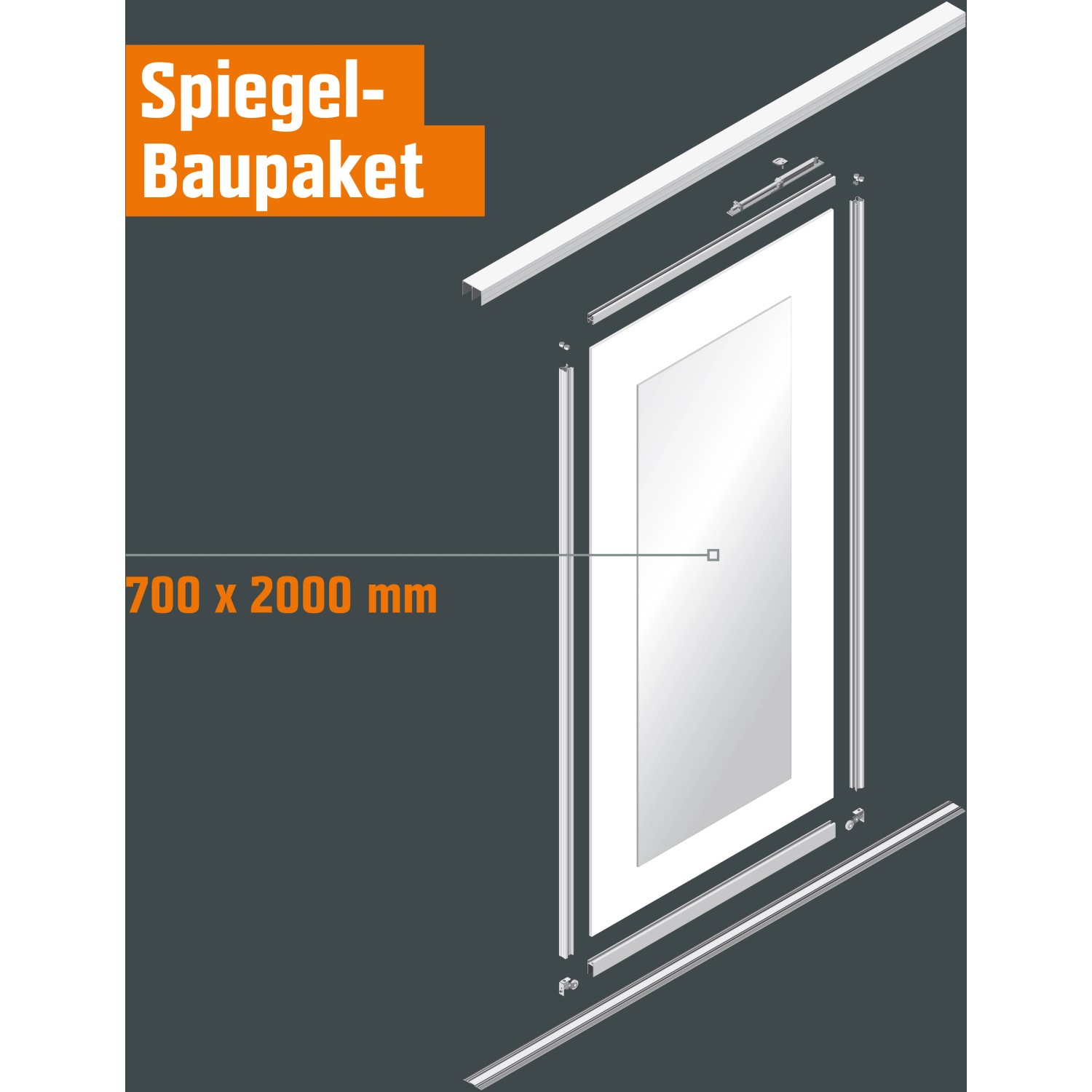 Spiegel-Baupaket 200x70 cm für Schiebetüren & Schranksysteme mit Halterungen und Klebeband.