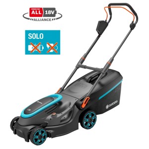 Gardena Akku-Rasenmäher PowerMax 37/36V (ohne Akku/Ladegerät) in Schwarz/Türkis.