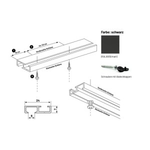 Detailansicht der schwarzen Deco-Raum Gardinenschiene 1-Lauf Minimal für Deckenmontage mit Maßen und Schrauben.