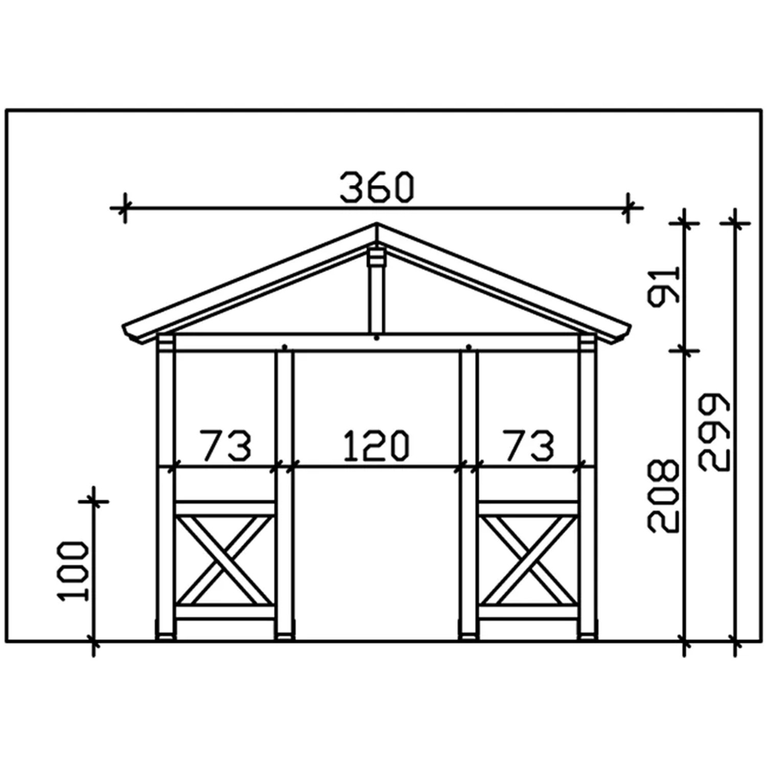 Technische Zeichnung: Skan Holz Haustür-Vordach Stralsund 5, Eiche hell lasiert, Maße 360x139 cm.