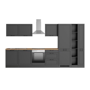 Moderne graue Küchenzeile Kempten 360 cm mit E-Geräten und Holz-Arbeitsplatte.