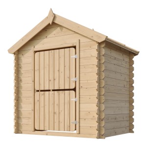 Timbela Kinderspielhaus M516-1 aus Holz, naturbelassen mit zweigeteilter Tür.