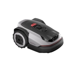 Roborock Mähroboter RockNeo Q110, weiß-grau, mit großen Rädern und rotem Stopp-Knopf. Kabellose Rasenpflege für Ihren Garten.