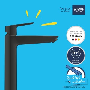 Moderne, mattschwarze Grohe Start Einhand-Waschtischbatterie XL-Size für freistehende Waschbecken.