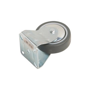 Apparate-Bockrolle, Ø 75mm, 60kg Traglast, mit Stahlblechgehäuse und grauem Gummirad.