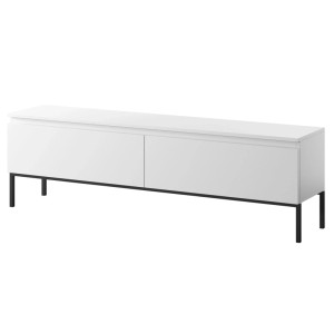 Modernes Selsey TV-Lowboard Bemmi 150 cm in Weiß mit schwarzen Metallbeinen und zwei grifflosen Fächern.