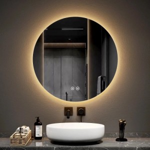 Runder Emke LED Badezimmerspiegel 70cm mit Touchschalter, dimmbarer Beleuchtung, über modernem Waschbecken.
