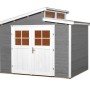 Graues Weka Holz-Gartenhaus mit Pultdach und weißen Doppeltüren.