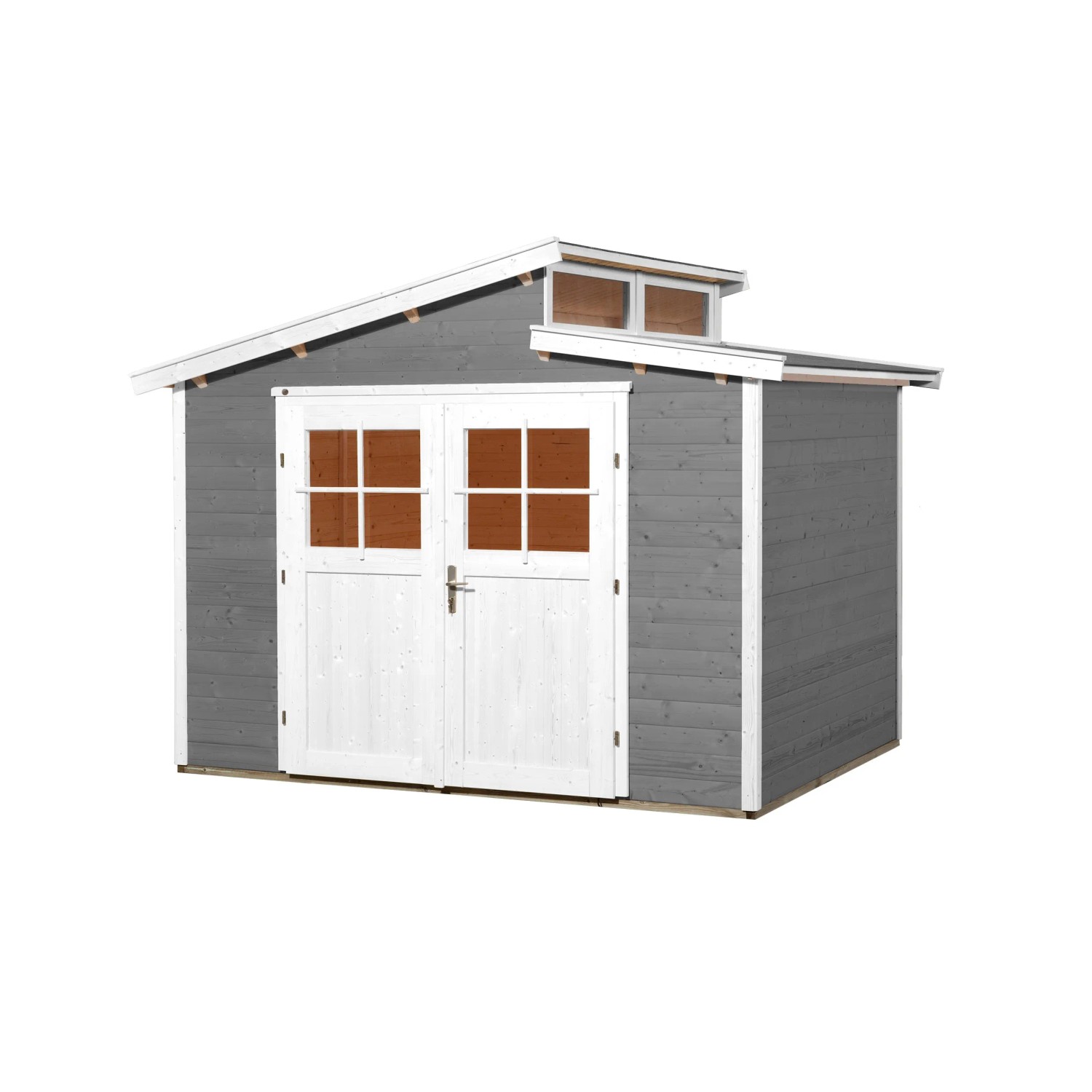 Graues Weka Holz-Gartenhaus mit Pultdach und weißen Doppeltüren.