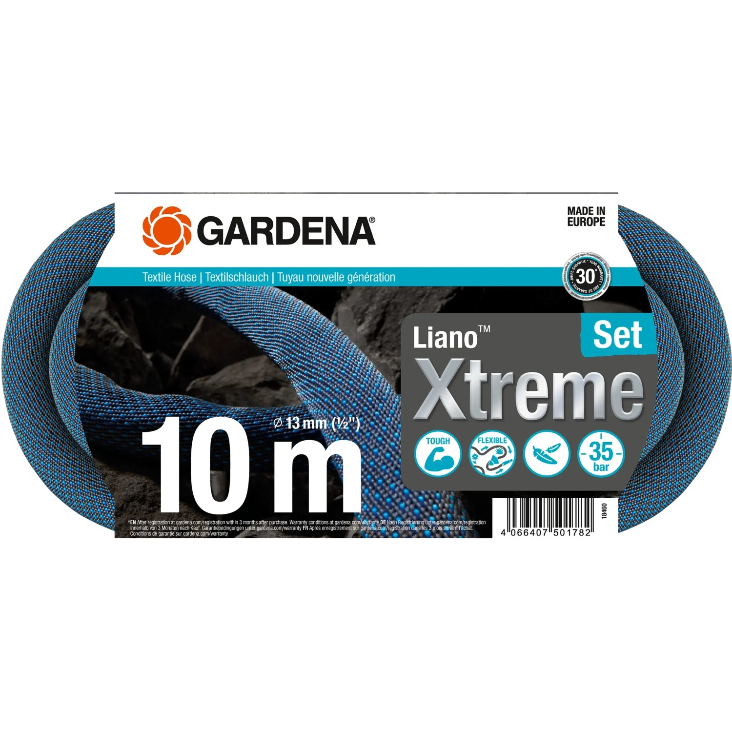 Gardena Liano Xtreme 10m Gartenschlauch-Set, blau, aufgerollt.