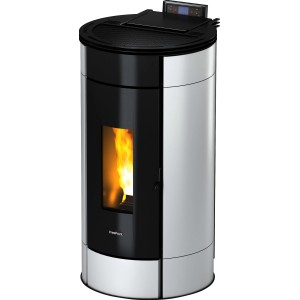 Freepoint Pelletofen Globe, Stahl weiß, 10,5 kW, mit Flamme im Sichtfenster.