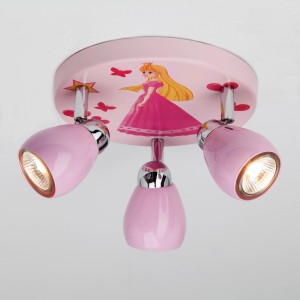 Rosa LED-Deckenlampe Princess mit 3 Strahlern für das Kinderzimmer, mit Prinzessinen Motiv.