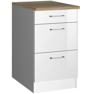 Küchenunterschrank Mailand, 50 cm, Hochglanz Weiß mit Auszügen und Schublade, Eiche Arbeitsplatte.