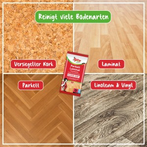 Poliboy Feuchttücher für Parkett und Laminat, geeignet für verschiedene Bodenarten wie Kork, Linoleum und Vinyl.