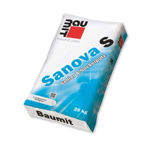 Baumit Sanova Putz S Sanierputz 25 kg im weißen Sack mit blauem Schriftzug, für Mauerwerk.